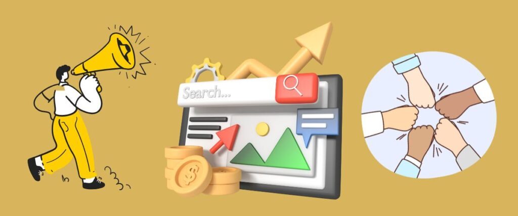 SEO strategy with teamwork and marketing illustration