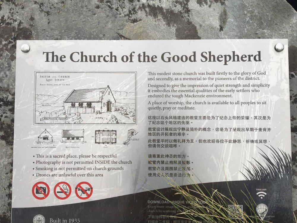Tekapo - Church of the Good Sheperd sign 2
