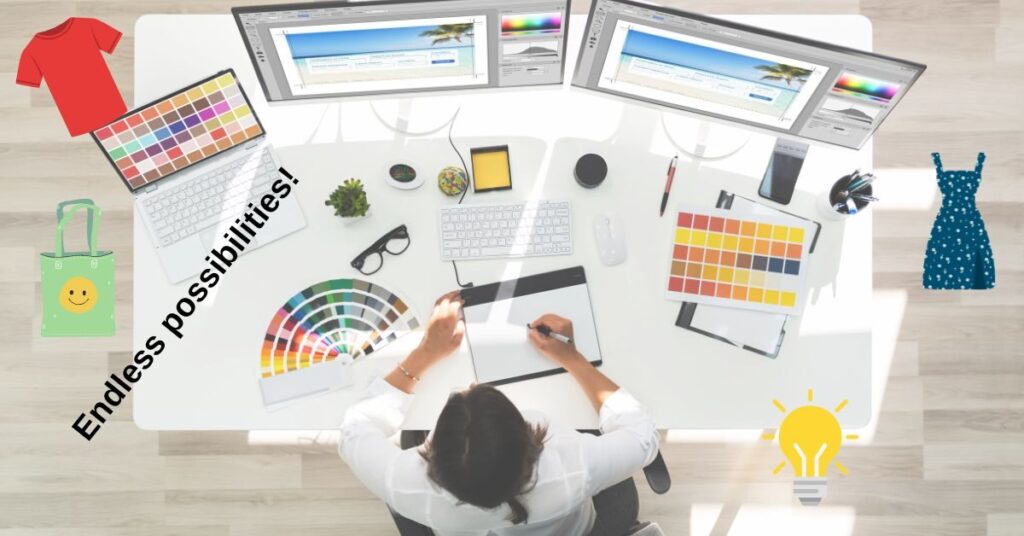 Designer creating with graphic tools and color palettes.