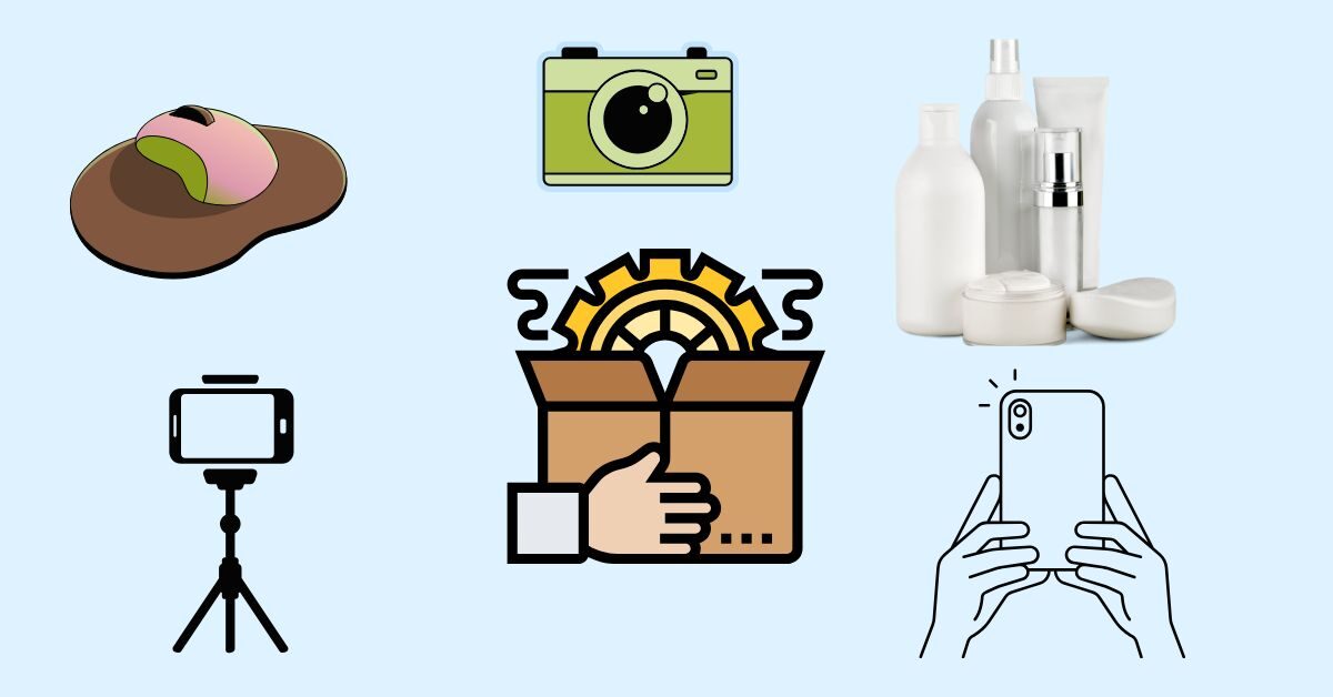 Various icons: cosmetics, selfie, hat, camera, package.